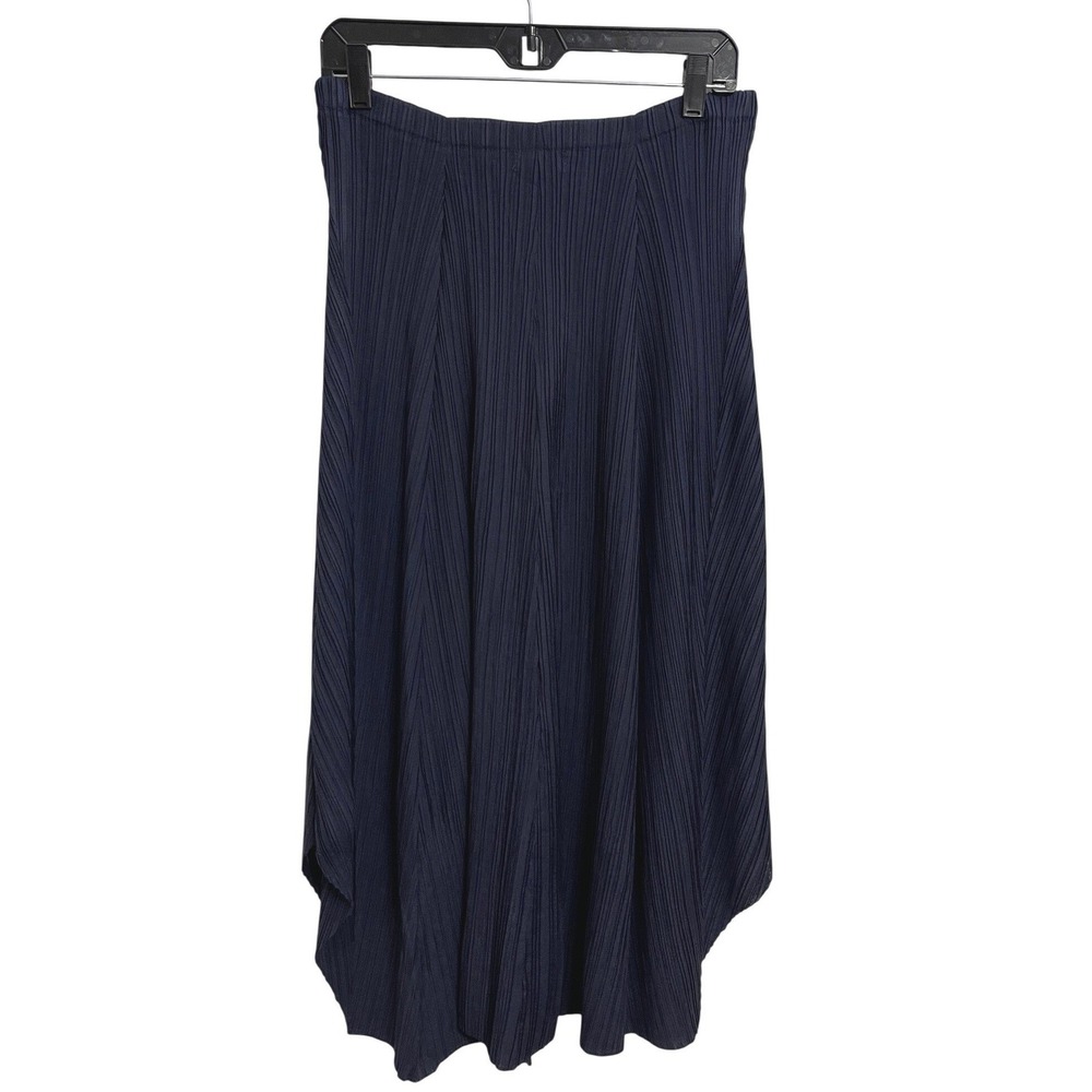 Alquema Pleated Crinkle Skirt Navy Asymmetrical Hem Lagenlook Size 2 (12-14)